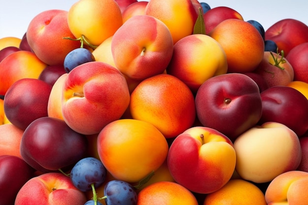 A pile of different fruits including plums, plums, and plums.