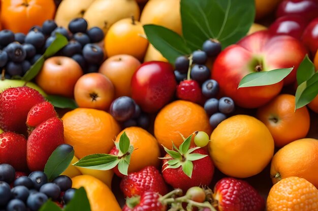 A pile of different fruits including strawberries, strawberries, and oranges.