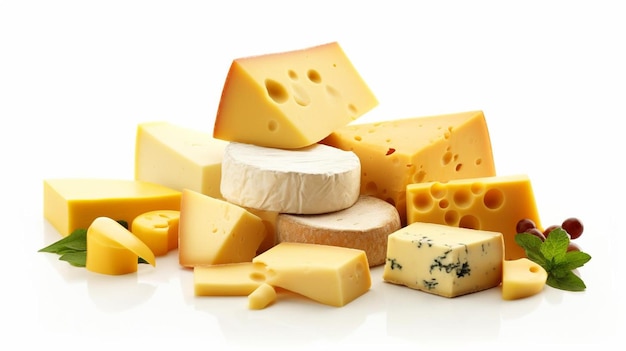 a pile of different types of cheese on a white surface