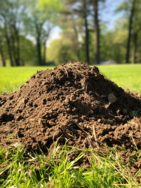 a pile of dirt in a grassy area