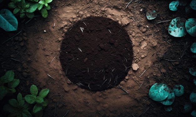 A pile of dirt with a plant in it and the words " compost " on the bottom.