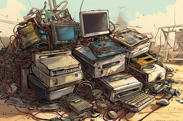 A pile of discarded electronics and ewaste