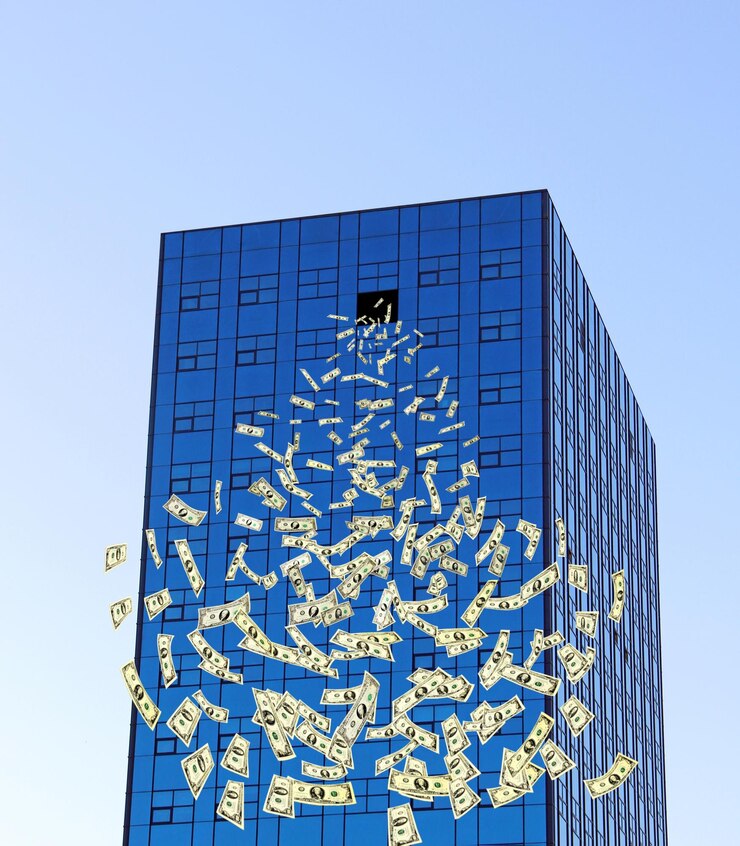 Photo 숲의 호수를 바라보는 창문에서 날아가는 달러 어리, 풍경이 있는 창문에서 열린 달러 지폐, 숲 호수의 배경에 있는 돈, 돈을 쓰는 것.