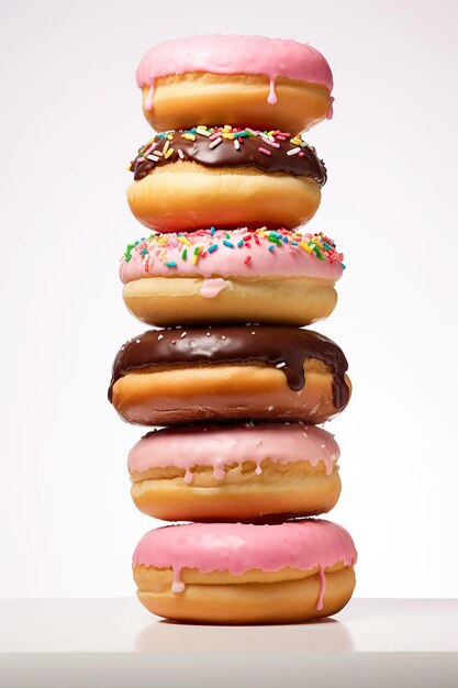 Pile of donuts balancing on top of each other on white background