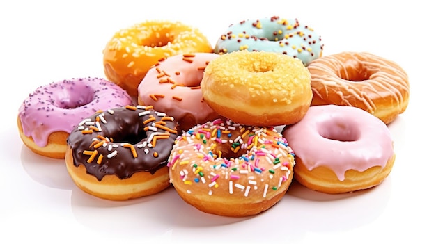 A pile of donuts with different flavors including one with a variety of sprinkles.