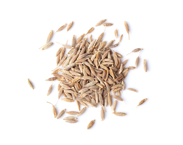 Pile of dried caraway seeds isolated on white