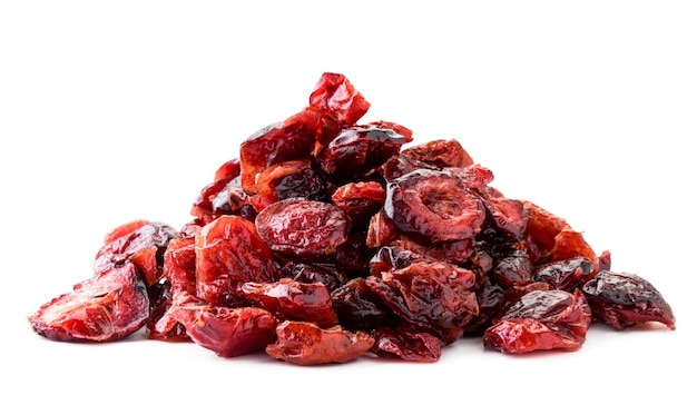 A pile of dried cranberries close-up on a white background. Isolated