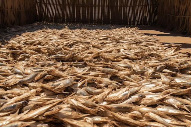 A pile of dried fish on a wooden floor