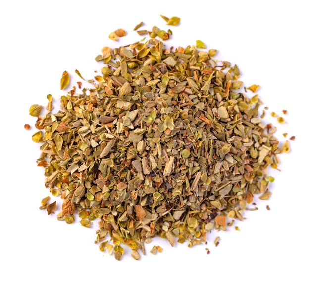 Pile of dried oregano leaves isolated on white surface