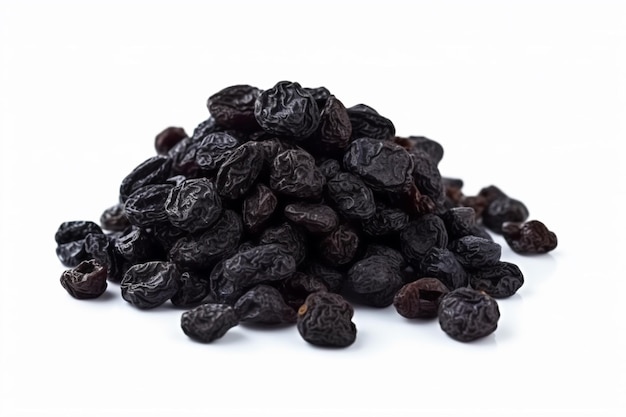 a pile of dried raisins on a white surface