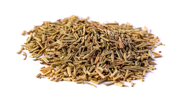 Pile of dried rosemary leaves isolated on white surface