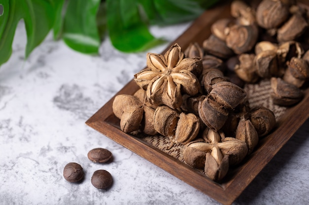 pile of dried Sacha Inchi nuts. Natural background