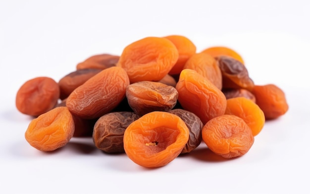A pile of dried smoked dried apricots fruits on a white background ai generated