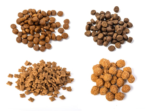 Pile of dry dog food isolated on white background