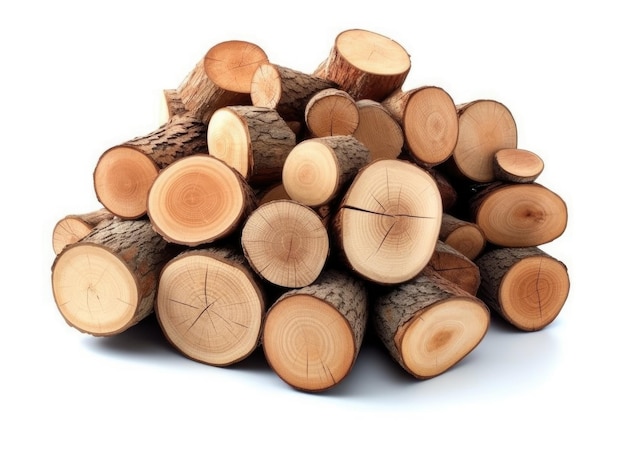 Pile of dry firewood isolated on a white background in closeup