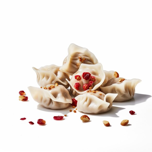 Photo a pile of dumplings with red seeds on the bottom.