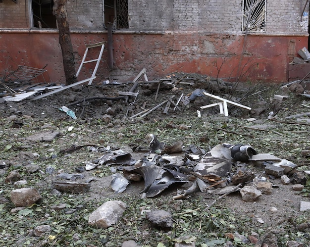 A pile of duralumin fragments of a combat missile at the site of the explosion