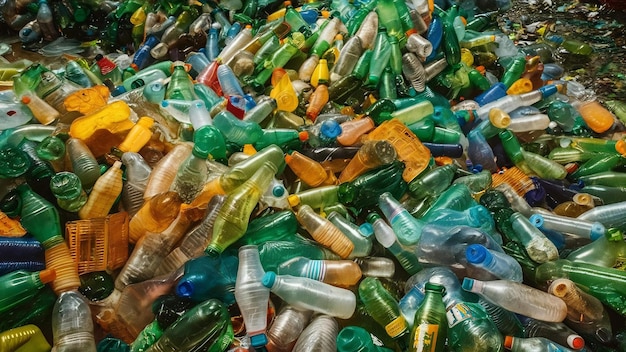 A pile of extruded plastic bottles at a garbage collection plant