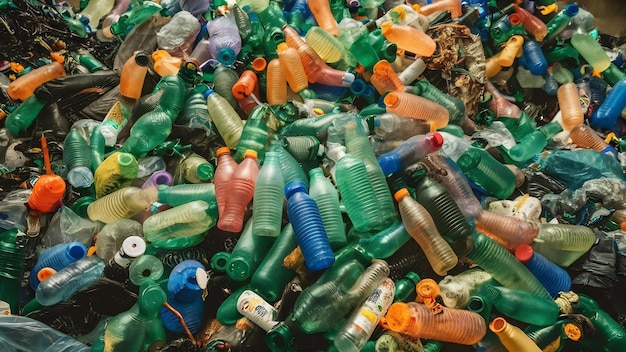 A pile of extruded plastic bottles at a garbage collection plant