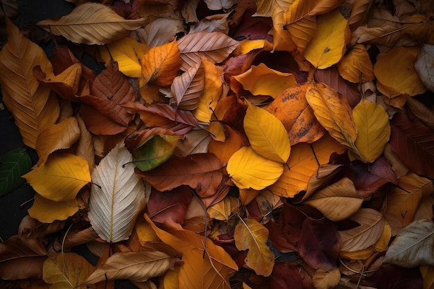 A pile of fallen leaves in an orange and yellow mix created with generative ai