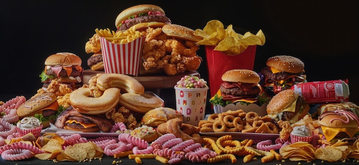 Photo ファストフードのハンバーガーピザ揚げチキンフライキャンディポップコーン濃い灰色の背景