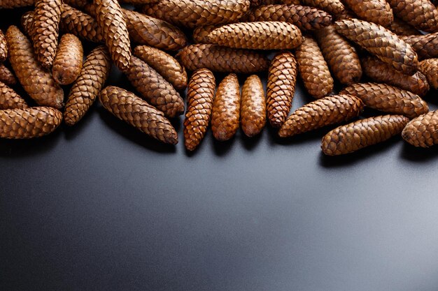 Pile of fir cones on black plastic background