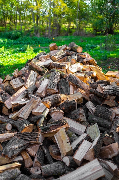 Photo a pile of firewood in the yard harvested for heating the house in the winter