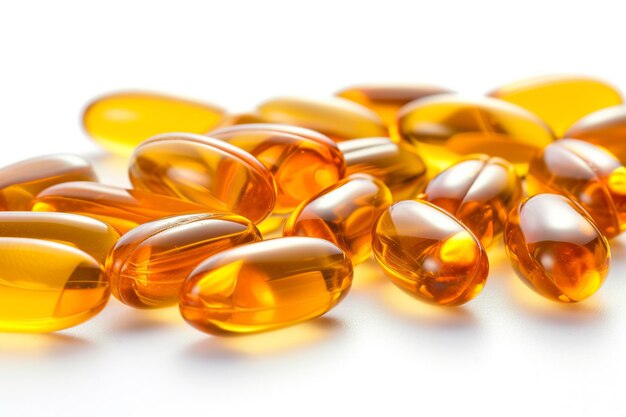 Photo pile of fish oil capsules on white background