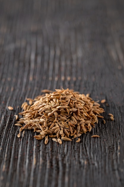 Pile of flavored caraway seeds spice on a dark wooden table