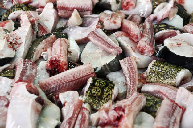 Pile of flesh stripped and sliced pieces of catshark at the market.