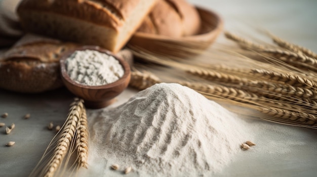 A pile of flour and bread on a table