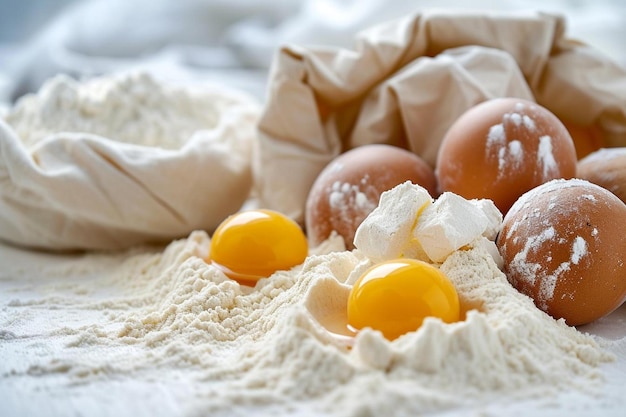 a pile of flour and eggs on a table