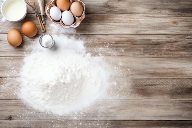 a pile of flour and eggs on a wooden surface