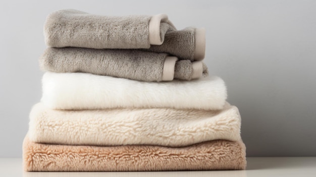 Pile of fluffy towels on white background