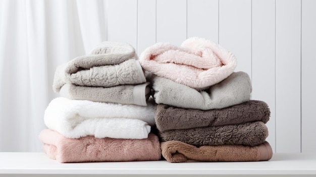 Pile of fluffy towels on white background