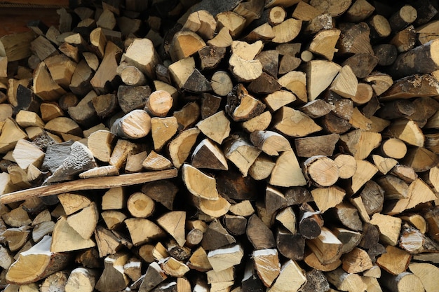 Pile of folded firewood outdoor in winter day