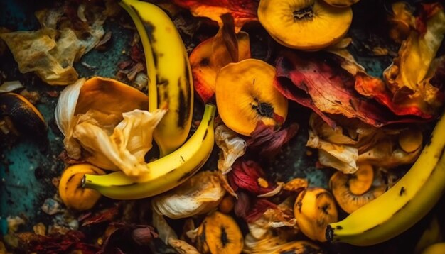 Foto un mucchio di cibo con sopra una banana.