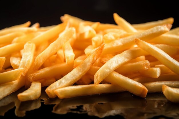 A pile of french fries on a black background