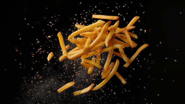 a pile of french fries and a black background