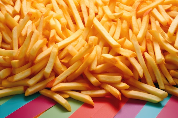 A pile of french fries is shown on a colorful table