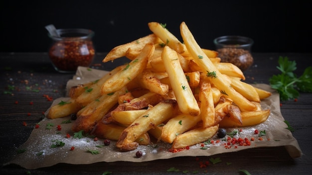 A pile of french fries on a table