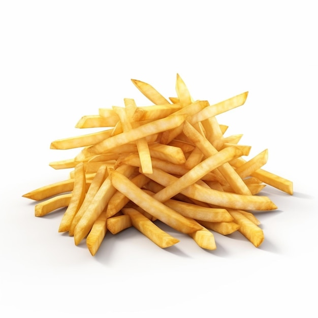 A pile of french fries on a white background.