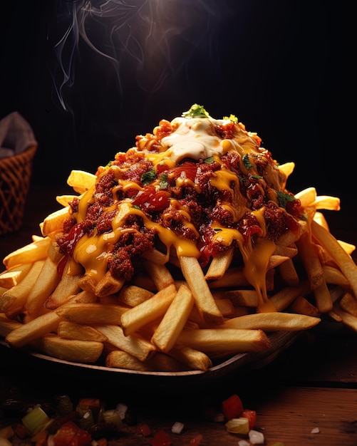 a pile of french fries with cheese and ketchup on top of them.