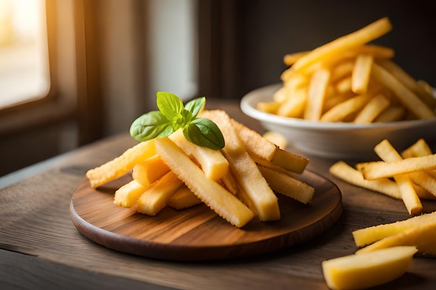 A pile of french fries on a wooden plate with a bowl of basil on the side.