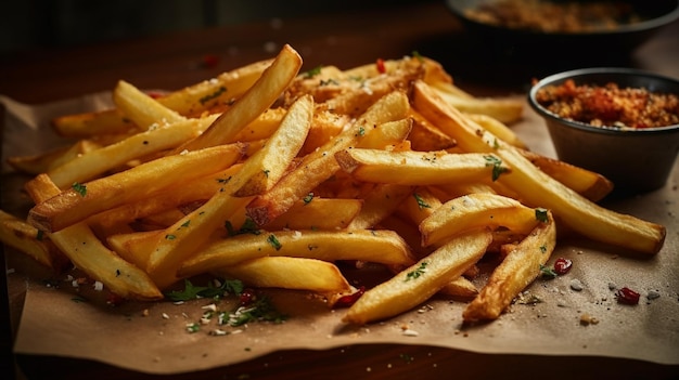 A pile of french fries on a wooden table