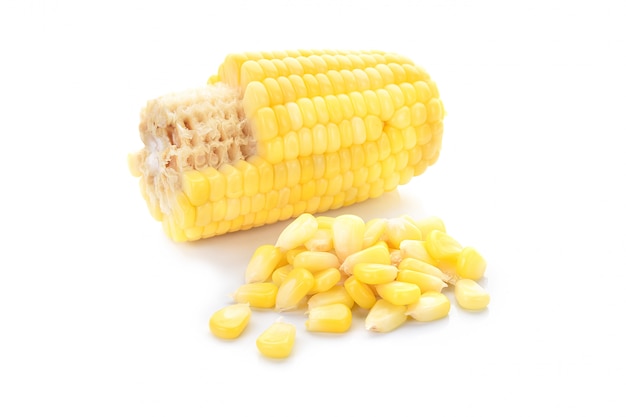Pile of fresh corn seeds isolated on white background