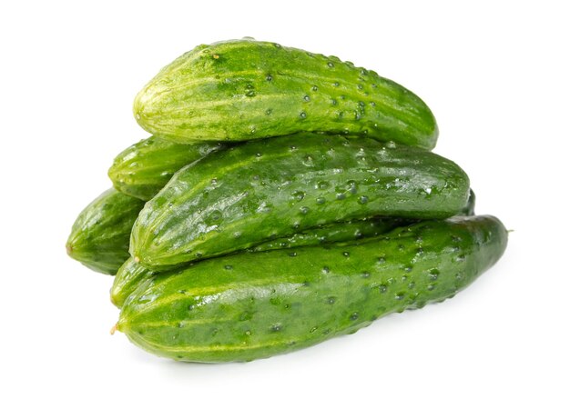 Pile of fresh cucumbers isolated on white background