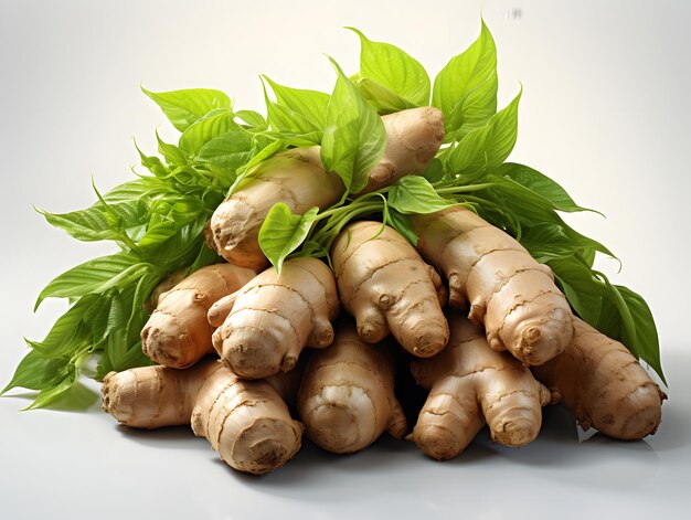 Pile of Fresh Ginger with Leaves Isolated on White Background Ginger Root or Rhizome