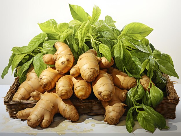 Pile of Fresh Ginger with Leaves Isolated on White Background Ginger Root or Rhizome