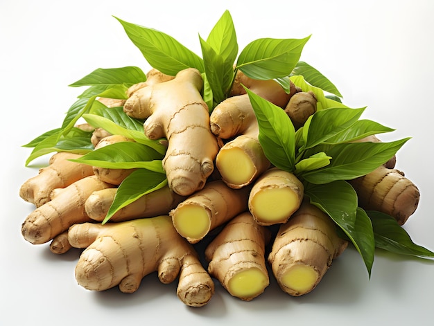 Pile of Fresh Ginger with Leaves Isolated on White Background Ginger Root or Rhizome